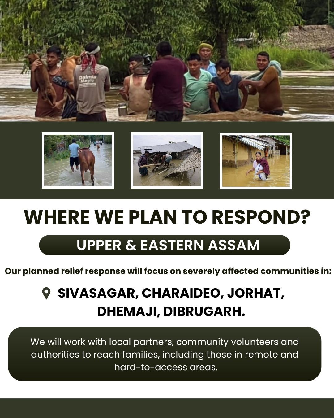 Rise Against Hunger India's planned relief response map covering Sivasagar, Charaideo, Jorhat, Dhemaji, and Dibrugarh districts